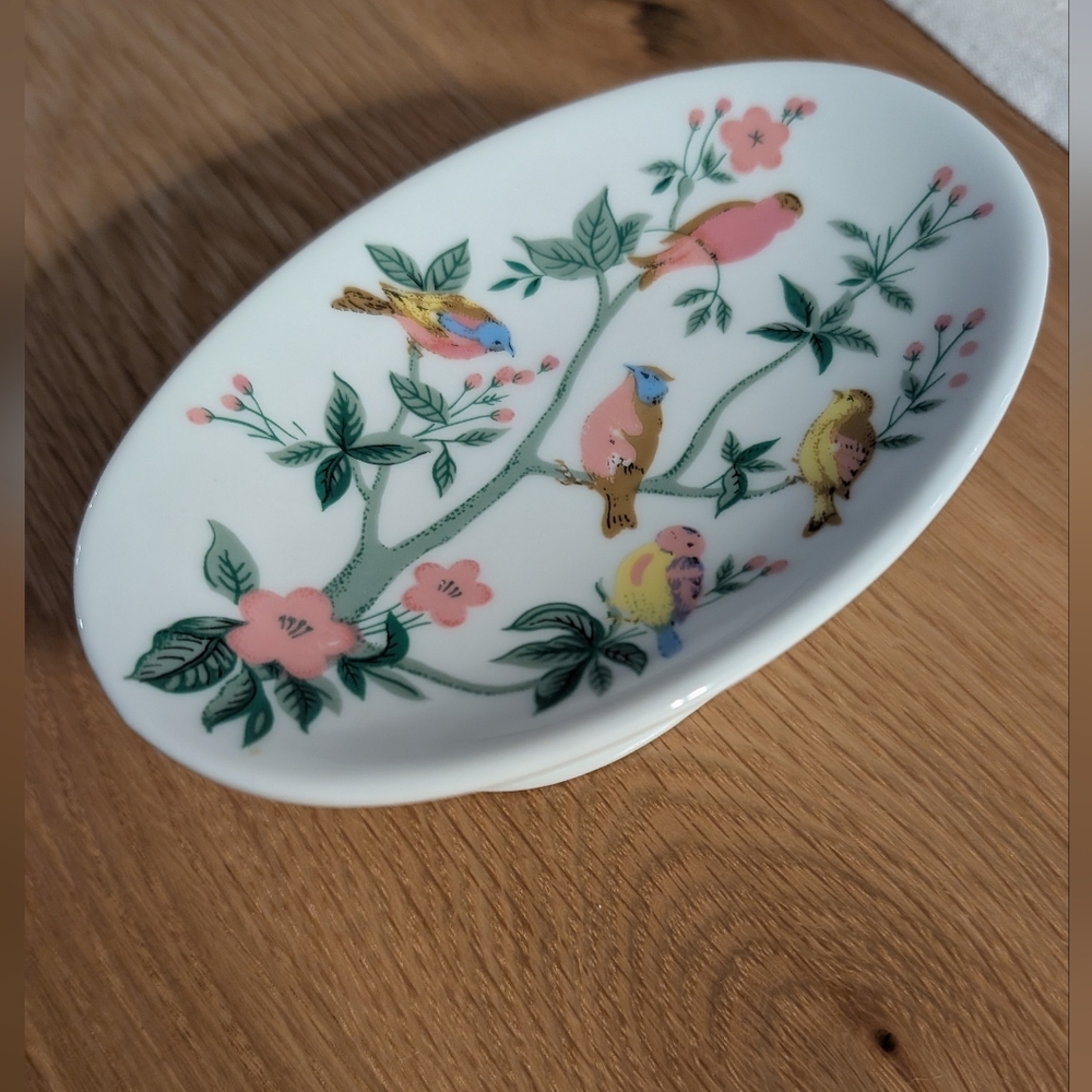 VTG Footed Soap Dish with Pastel Birds in a Cherry Blossom Tree - Picture 2 of 7